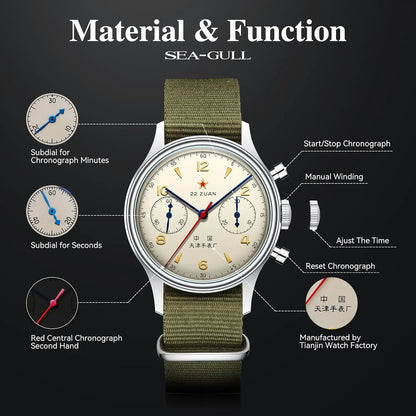 Men's Mechanical Chronograph Pilot Watch, Manual Winding, Aviation Style, International Edition