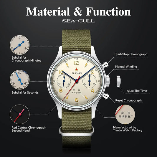 Men's Mechanical Chronograph Pilot Watch, Manual Winding, Aviation Style, International Edition