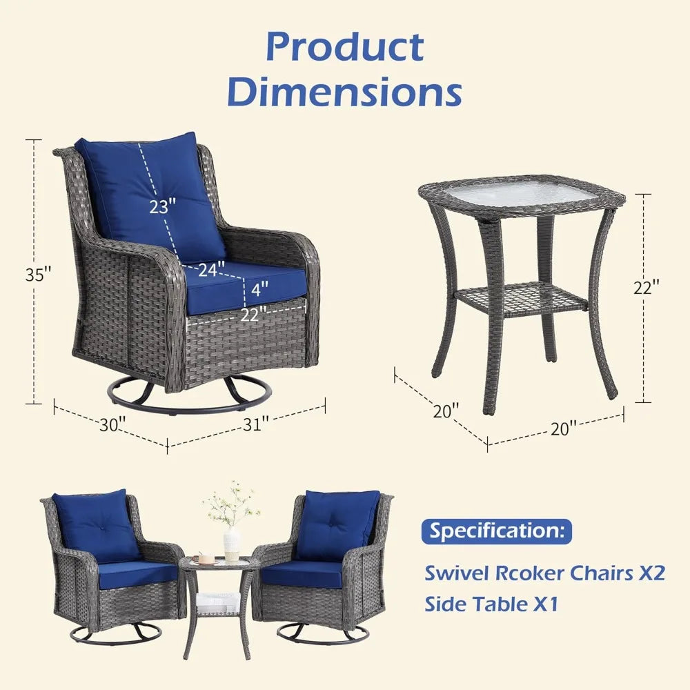Patio Furniture Sets, 3 Pieces Wicker Outdoor Furniture - 360 Degree Swivel Rocking Chairs and Rattan Side Table for Garden,Porc
