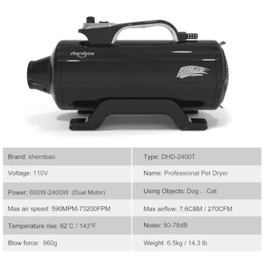 Dog Dryer High Velocity Professional Dog Pet Grooming Hair Drying Force Dryer Blower 6.0HP DHD-2400T (6.0HP Jet Black)