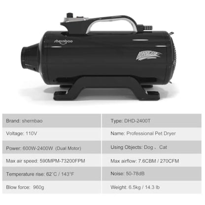 Dog Dryer High Velocity Professional Dog Pet Grooming Hair Drying Force Dryer Blower 6.0HP DHD-2400T (6.0HP Jet Black)