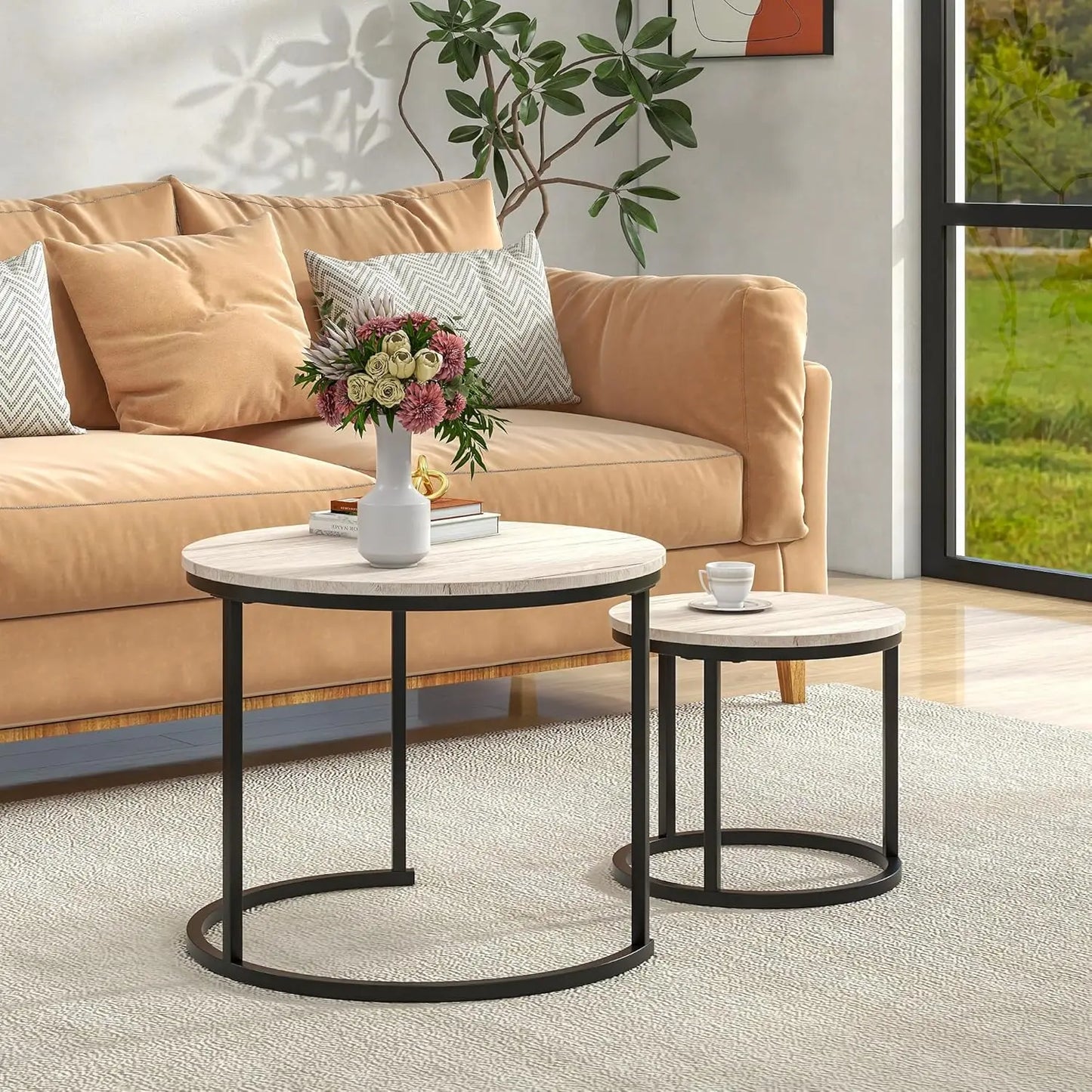 2-Piece Round Nesting Coffee Table Set | Black & White Oak, Metal Frame Wood Top | Sturdy Durable, Easy Assembly (No Tools Neede