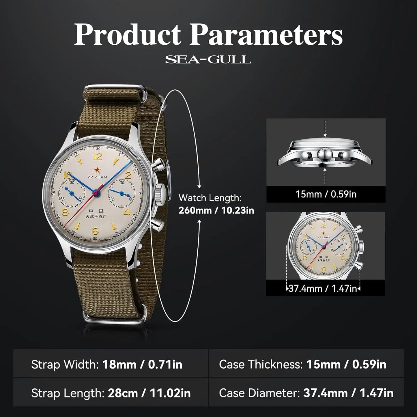 Men's Mechanical Chronograph Pilot Watch, Manual Winding, Aviation Style, International Edition