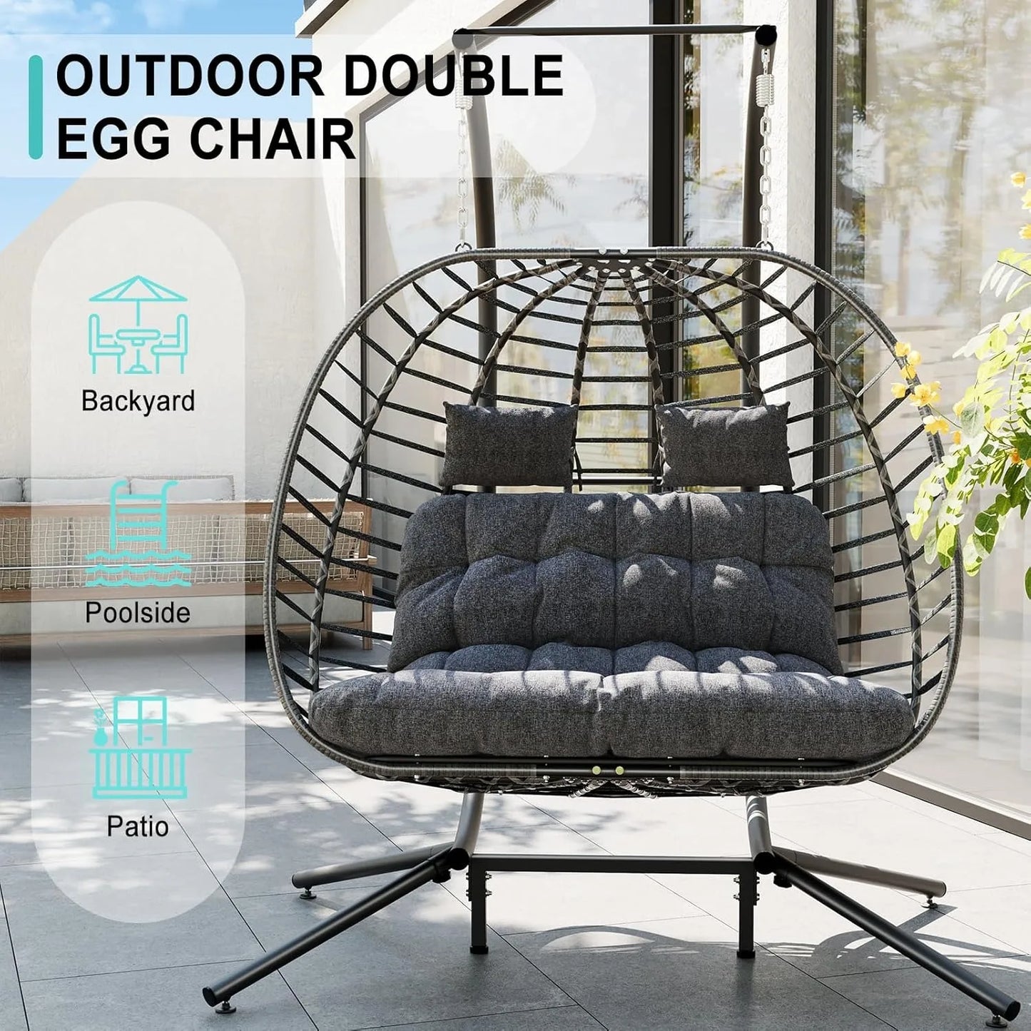 Double Egg Swing Chair with Stand, Outdoor Patio 2 Person Hanging Wicker Hammock Chairs with Cushion for Indoor Bedroom,