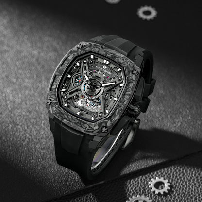 TSAR BOMBA Men's Luxury Mechanical Watch, Carbon Fiber Case, Luminous, 5ATM Waterproof, Viton Strap, Ideal Gift for Men