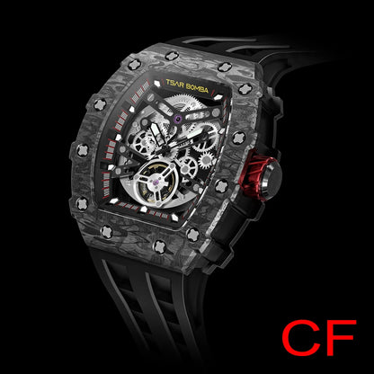 TSAR BOMBA Mens Automatic Watch Diamond Mechanical Wristwatch Waterproof Carbon Fiber Clock Fashion Skeleton Watch for Men