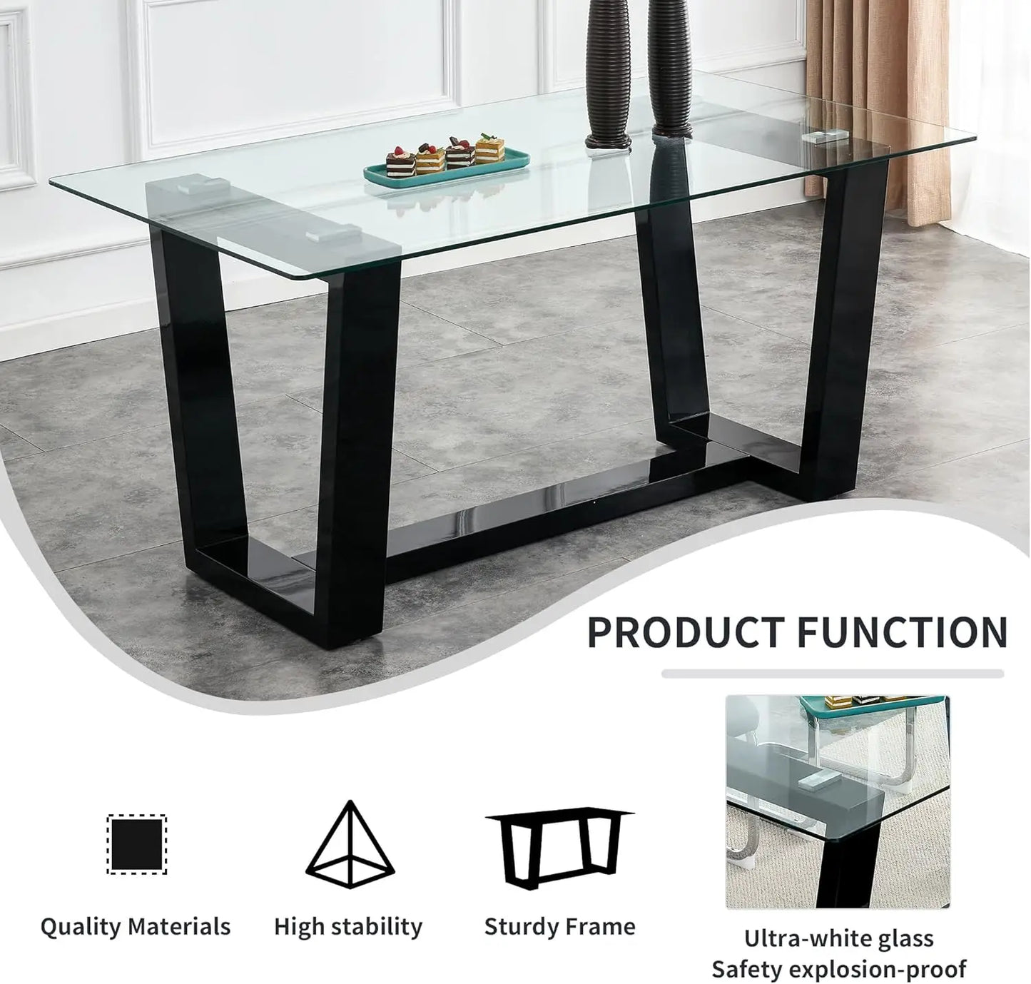 63" Glass Dining Table Set for 6,Dinner Table Set for 6,Glass Top Dining Room Table &6 PU Leather Chairs,Rectangle Black