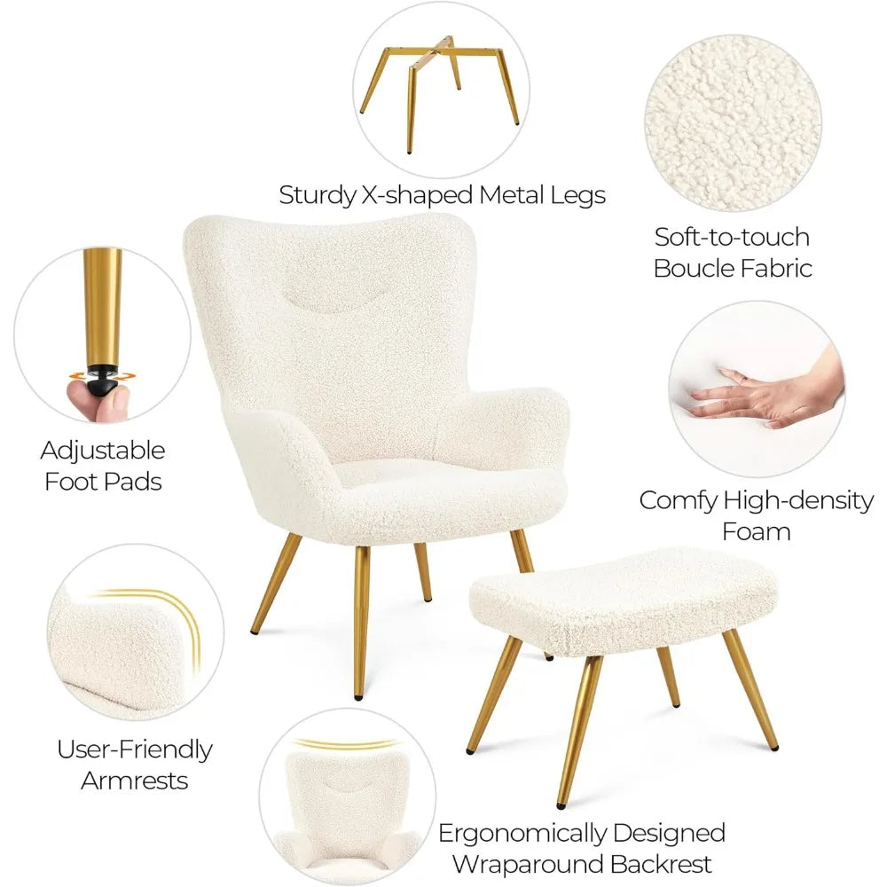 Boucle Accent Chair and Ottoman Set, Sherpa Armchair with Metal Legs, High Back Reading Chair and Footstool