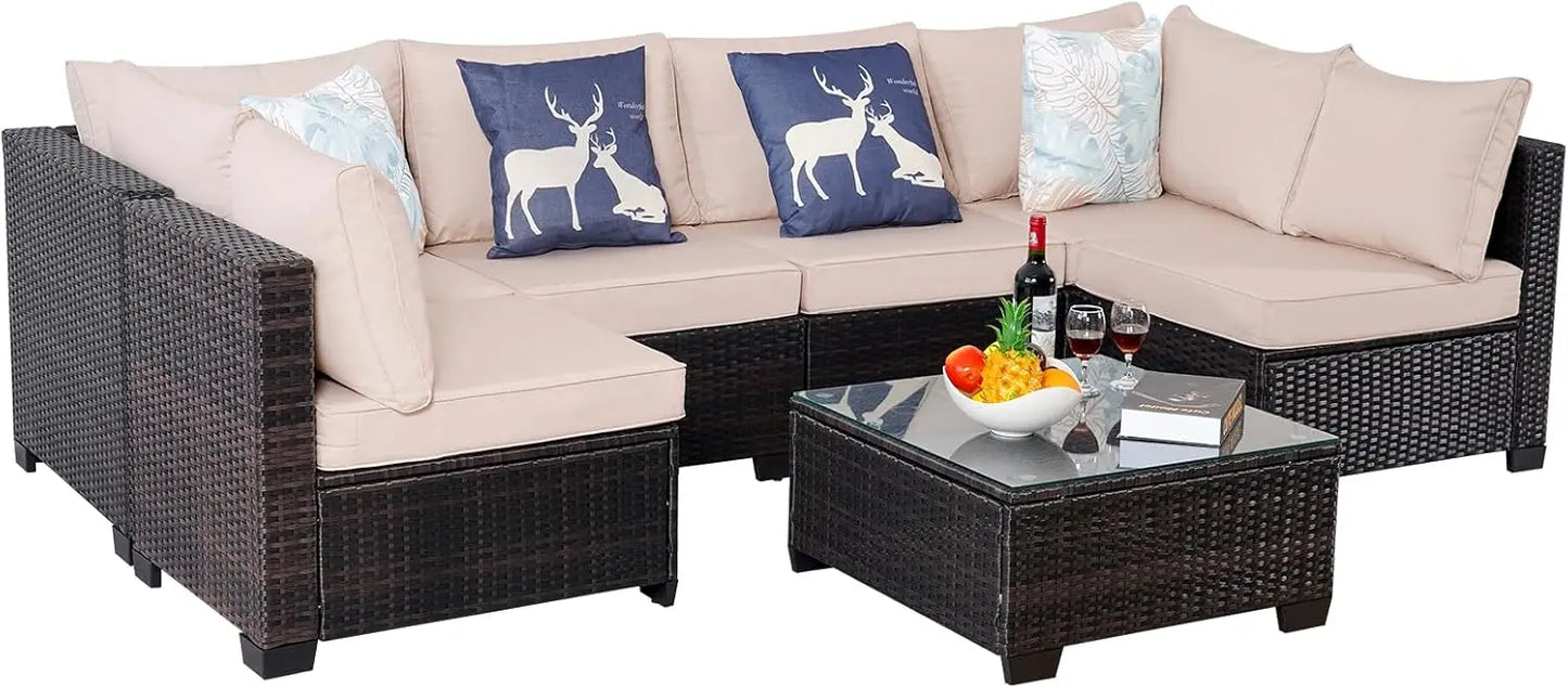 Outdoor Patio Furniture Sets,7-Piece Rattan Conversation Sectional Set,Manual Weaving Wicker Patio Sofa with Tea Table