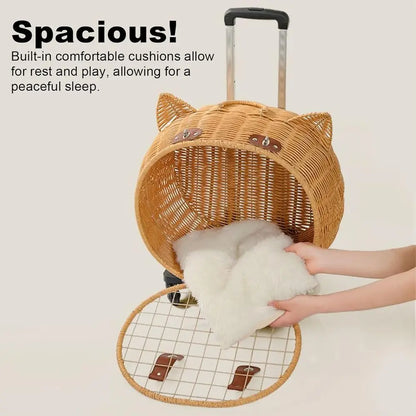 Portable Pet Stroller for Small Dogs and Cats - Rattan Basket on Wheels, Ideal for Outdoor Adventures and Beach Strolls