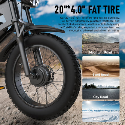 ZorixBike R8 Pro Electric Off-Road Bike 20x4" 3000W 35Mph 80Mile 48V 23Ah,7 Speed Wide Tire All Terrain E-Bike For Adult