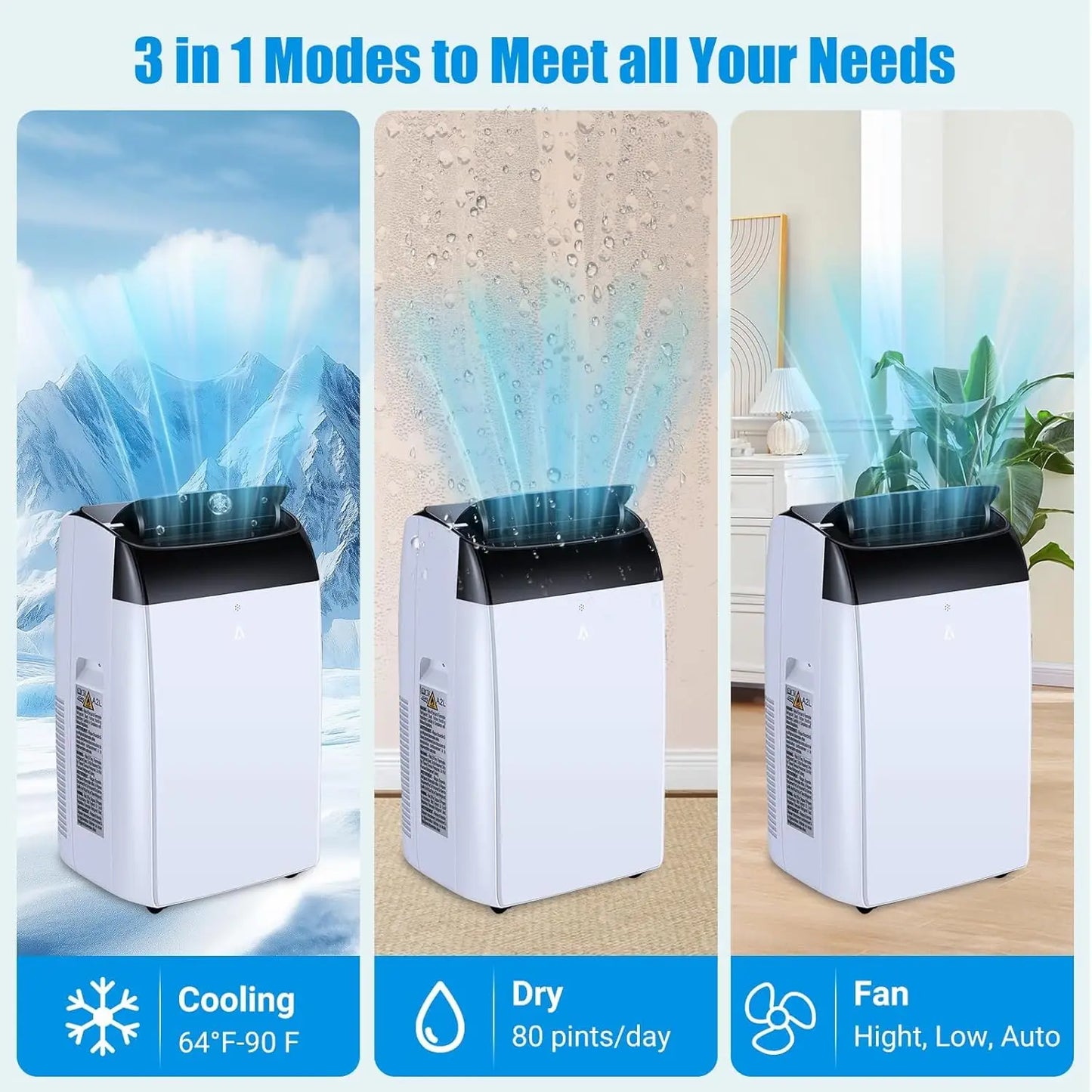 14,000 BTU Portable Air Conditioner with Dehumidifier & Fan, AC Units Cools up to 750 Sq. Ft., Remote Control, Auto Swing