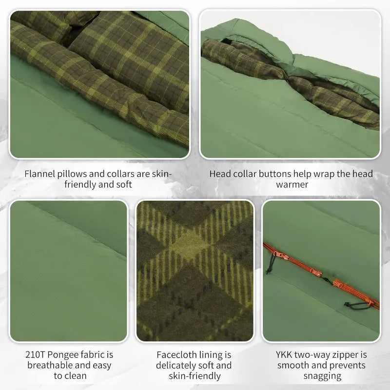 0 Degree and 40 Degree Flannel Two Person Sleeping Bag with Pillows for Adults, Couples & Family, Doublewide Double S