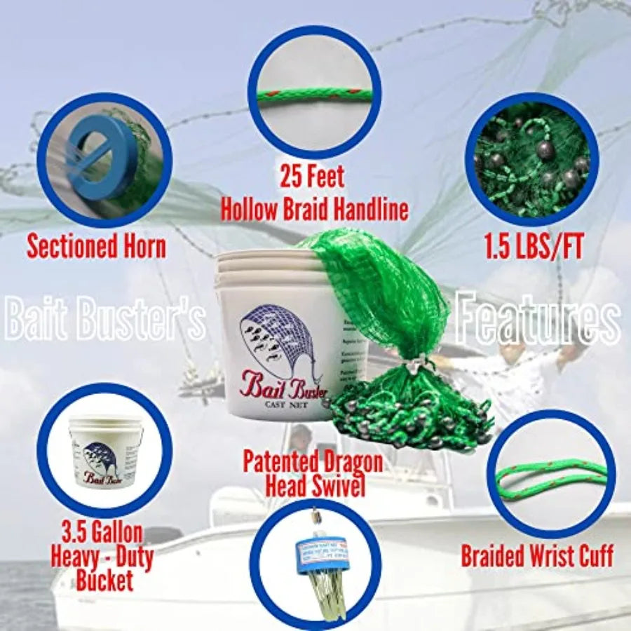 Minnow Cast Net 1/4 Sq. Mesh Green 8 Ft. for Fishing in Shallow Waters and Coastal Areas Lightweight and Durable Design with Hi