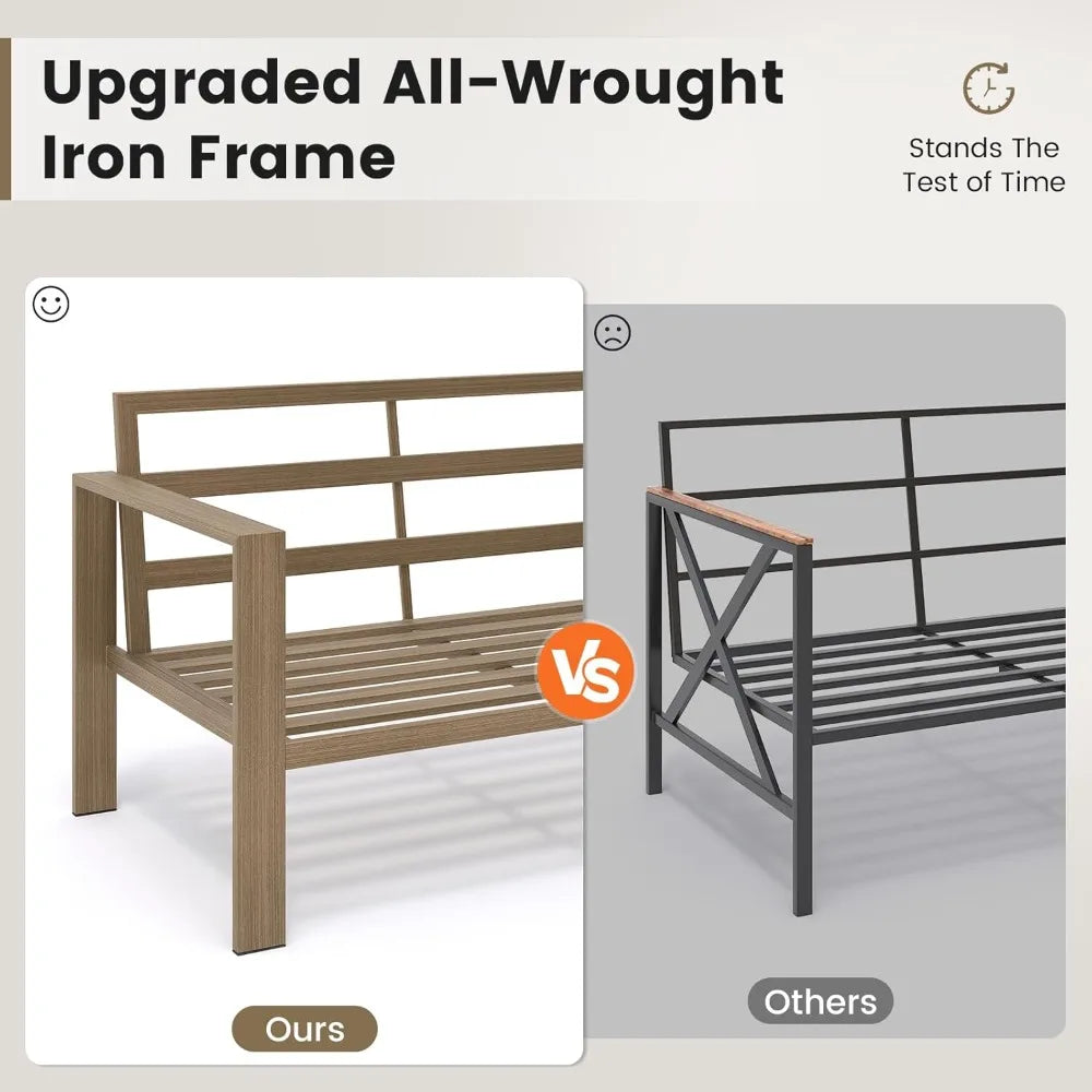 6 Piece Patio Furniture Set, Faux Wood Metal Outdoor Sectional Sofa with 6" Thick Olefin Cushions, Wide Armrest & Coffee Table