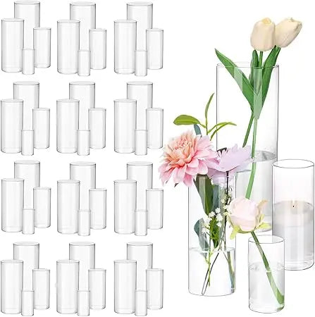 Set of 48 Transparent Glass Cylinder Vases Assorted Heights for Wedding Centerpieces, Decorative Flower Vases, Candle Holders