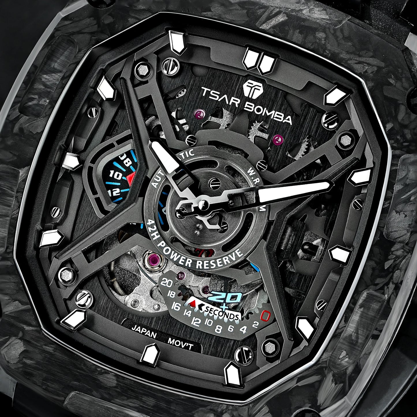 TSAR BOMBA Men's Luxury Mechanical Watch, Carbon Fiber Case, Luminous, 5ATM Waterproof, Viton Strap, Ideal Gift for Men