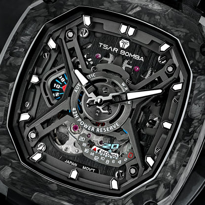 TSAR BOMBA Men's Luxury Mechanical Watch, Carbon Fiber Case, Luminous, 5ATM Waterproof, Viton Strap, Ideal Gift for Men