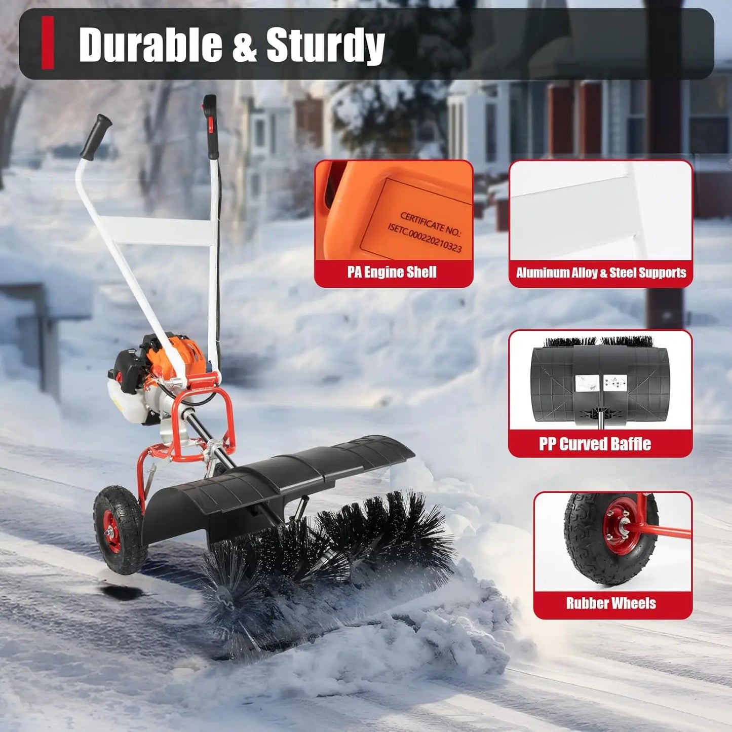 52cc Gas Power Handheld Snow Broom Brush Cleaner, 2.5 HP w/Auxiliary Wheels, Outdoor Hand Held Push Broom Driveway, Customized