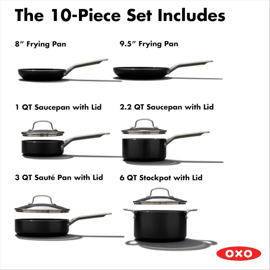 Agility Series 10 Piece Cookware Pots and Pans Set Ceramic Nonstick PFASFree Induction Skillets Saucepans Lids Even Heating Sta