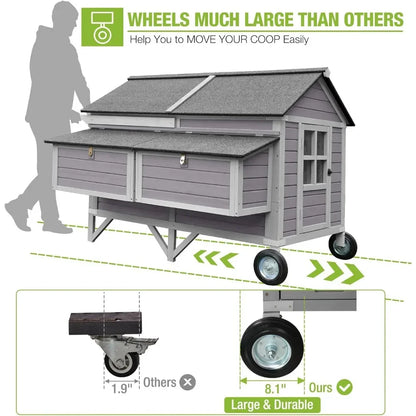 Chicken Coop with Super Large Wheels for 8-10 Chickens Mobile Duck House 68.1 L with Four Nesting Boxes, Four Perches