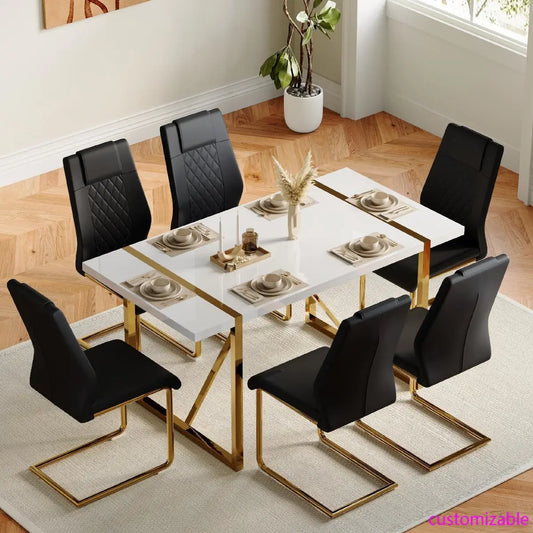 7 Piece Dining Table Set for Dining Room, Kitchen Table and Chairs Set for 6, Modern Dining Table Set for 6 with Metal Frame