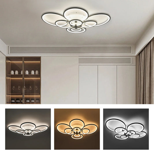 8 Light Modern LED Ceiling Light Fixture with Remote Control, Clear Acrylic Shade, Semi Flush Mount Chandelier for Dining Room