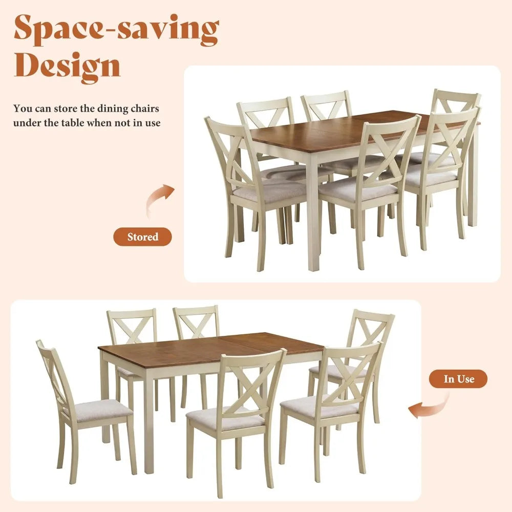 7-Piece Solid Wood Farmhouse Dining Table Set with 6 Upholstered Chairs, 60 Space-Saving Dinner Table and Chairs Set