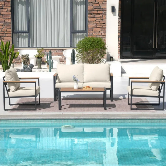 4-Piece Metal Patio Set with Coffee Table & Washable Cushions, Outdoor Conversation Furniture