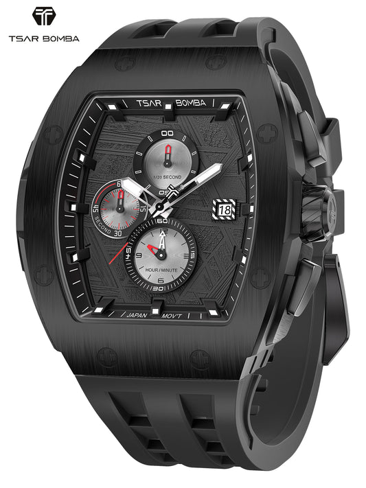 TSAR BOMBA Men’s Quartz Watch, Stainless Steel Case, Japanese Movement, Chronograph Date, Sapphire Crystal, 50M Water Resistant