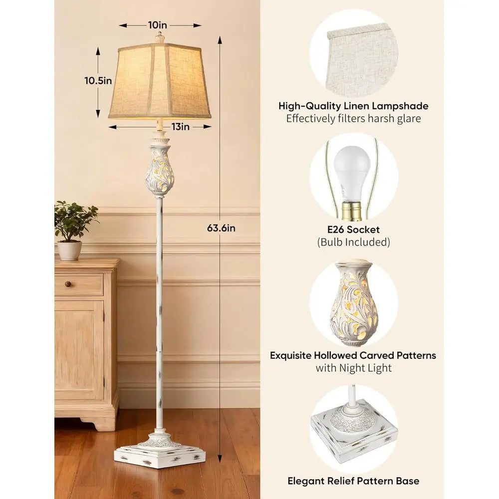Vintage Floor Lamp with Nightlight, Rustic Tall Standing Lamp, Rotary Switch, Beige Linen Shade, Suitable for Living Room, Bedro
