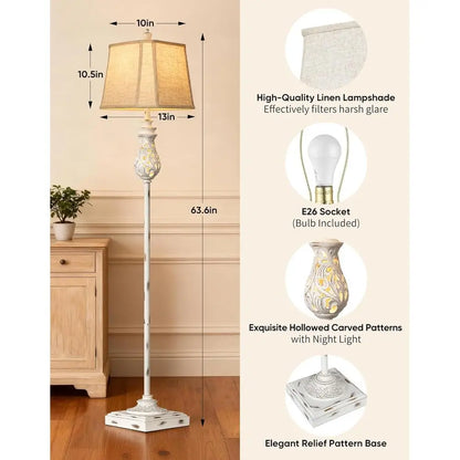 Vintage Floor Lamp with Nightlight, Rustic Tall Standing Lamp, Rotary Switch, Beige Linen Shade, Suitable for Living Room, Bedro