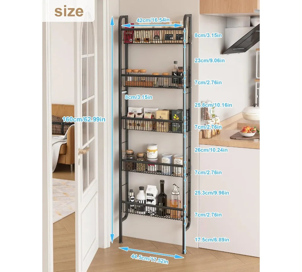 5-Tier Slim Over-The-Door Storage Shelf, Space-Saving Narrow Rack for Bathroom Kitchen Organization Black