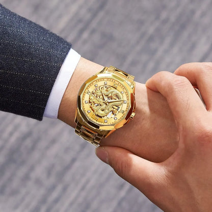 Automatic Mechanical Hollow Dragon Watch Men's Luxury Gold Diamond 50M Waterproof Luminous