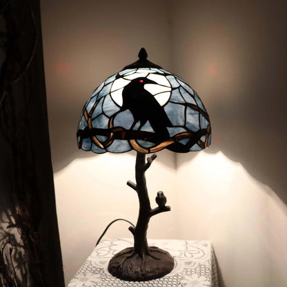 Raven Moon Night Stained Glass Table Lamp for Home Decor, Dark Blue, 12Wx20H