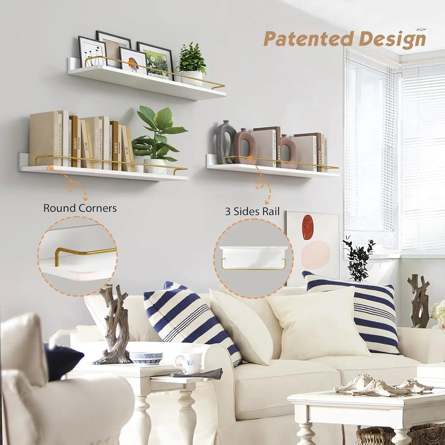 Elegant Gold Bathroom Shelves Set of 3, 24 Inch Wall Mounted Above Toilet Shelves with Rails, White and Gold for Modern Home