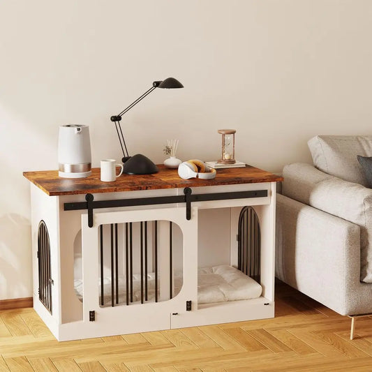 XL Dog Kennel urniture,39.4 Inch armhouse Crate urniture with Cushion Decorative White Dog Kennel Indoor Thick Wooden Pet House