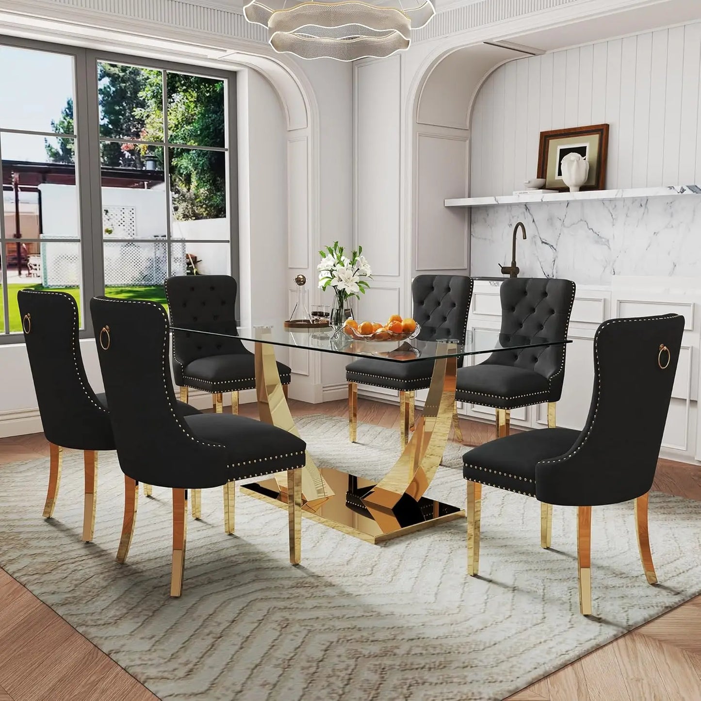 7-Piece Dining Room Set, 63" Gold Rectangular Glass Kitchen Table with 6 Beige High Back Chairs, Modern Glass Dining Table Set f