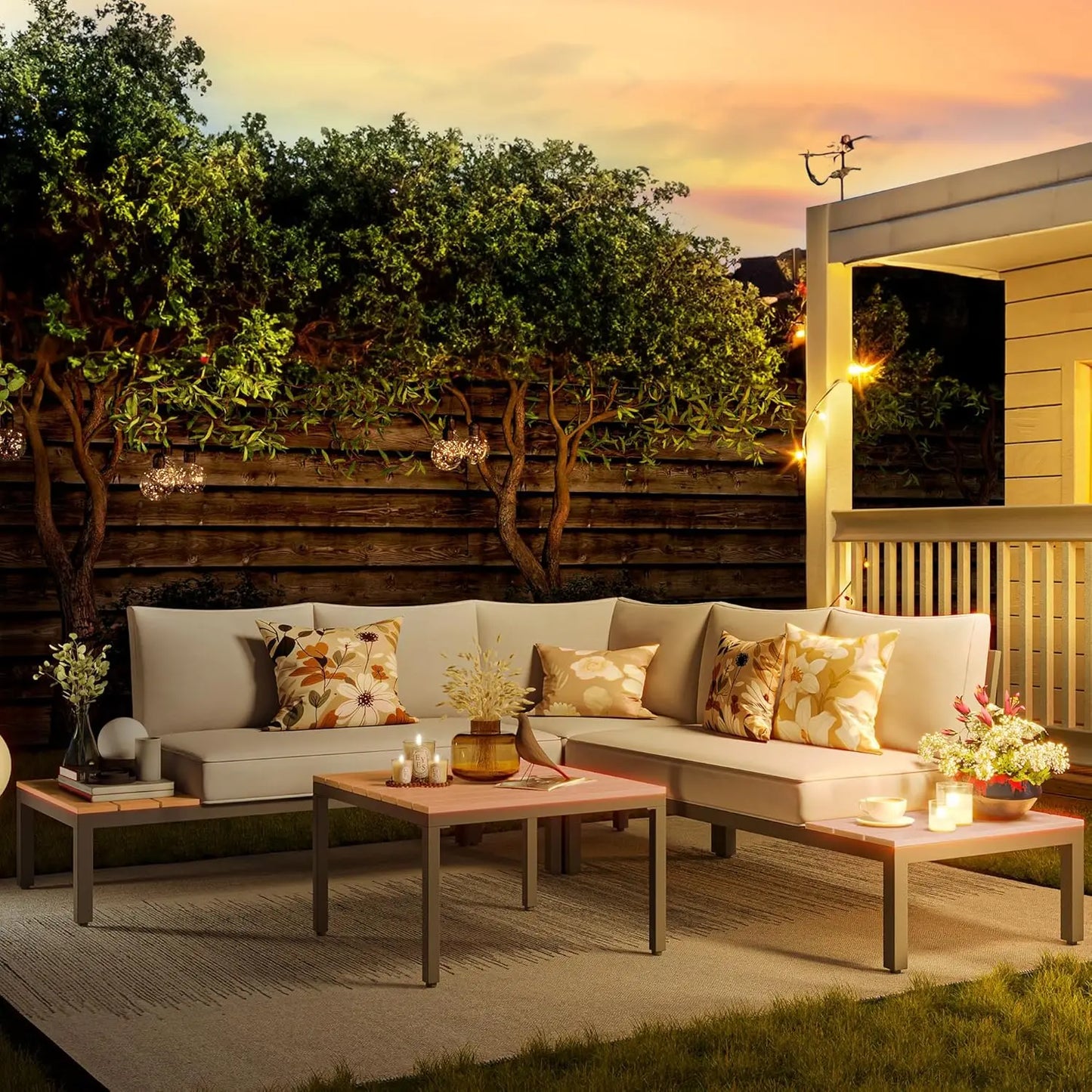 Patio Furniture Sets, L Shape Patio Sectional Metal Outdoor Sectional Corner Sofa Outdoor Couch with Detachable  Backrest