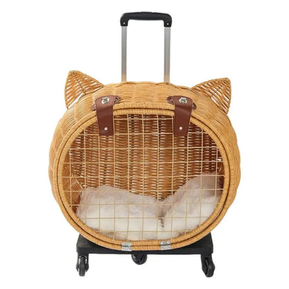 Portable Pet Stroller for Small Dogs and Cats - Rattan Basket on Wheels, Ideal for Outdoor Adventures and Beach Strolls