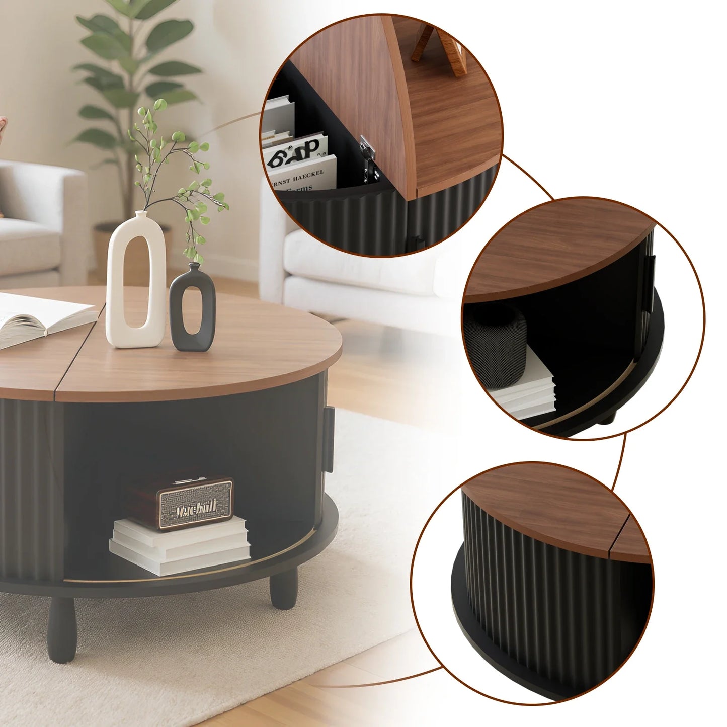Round Wooden Coffee Table 30.7 inch With Storage Function Suitable For Home Living Room Office With Sliding Cabinet Door