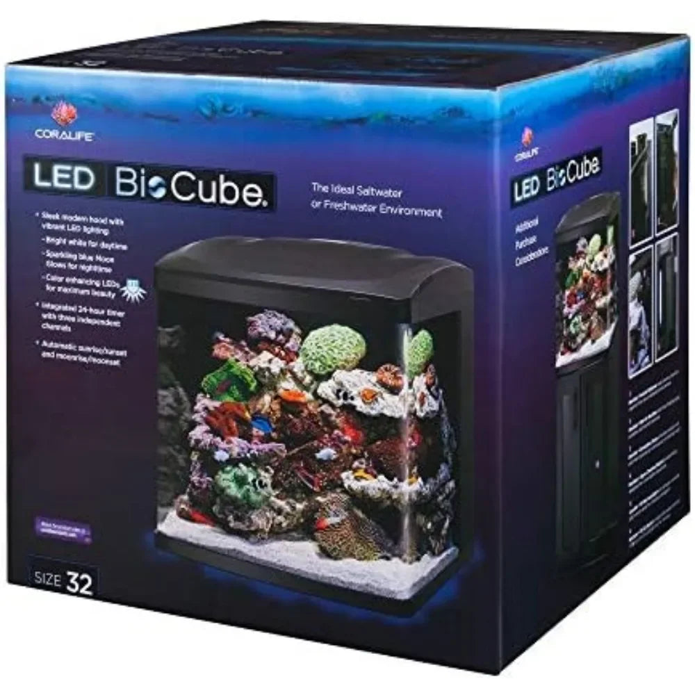 32 Gallon All Glass Aquarium Kit with Built In Timer and Adjustable LED Lights for Saltwater or Freshwater