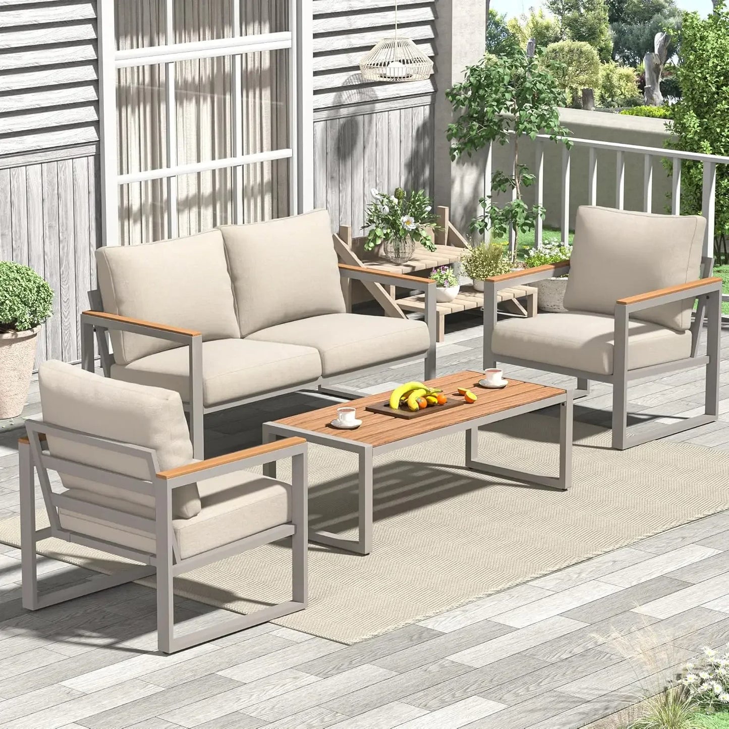 4-Piece Metal Patio Set with Coffee Table & Washable Cushions, Outdoor Conversation Furniture