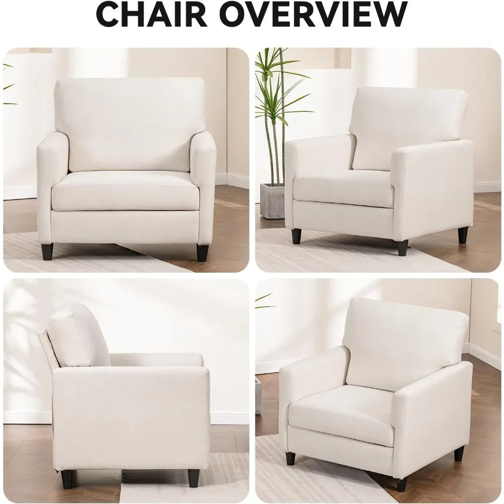 Mid-Century Accent Chair, Modern Upholstered Linen Fabric Chair with Thick Cushion & Solid Legs, Comfy Single Sofa Armchair