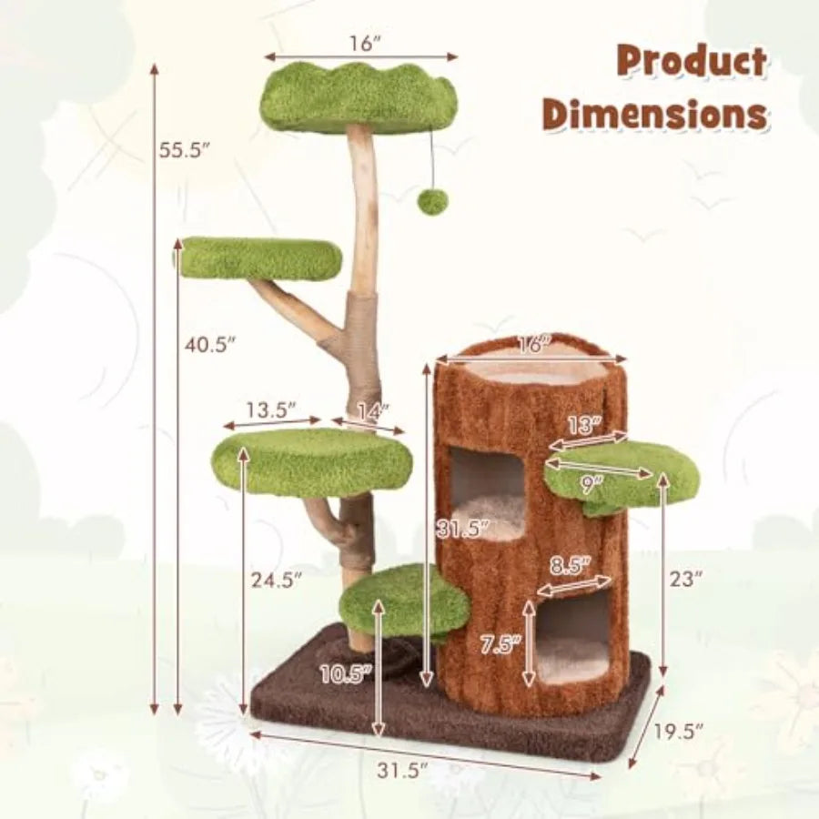 55 Inch Wood Cat Tree Multi-Level Tower for Indoor Cats with Double Decker House Scratching Posts Sisal Board Soft Padded Platf
