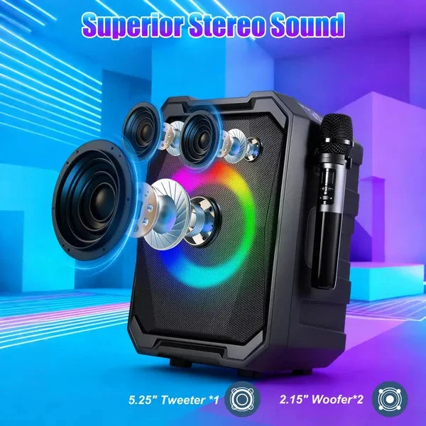 Portable Wireless Party Speaker With LED Light 2 Wireless Mics Remote Control TWS Music Accompany Mic. Priority Bass