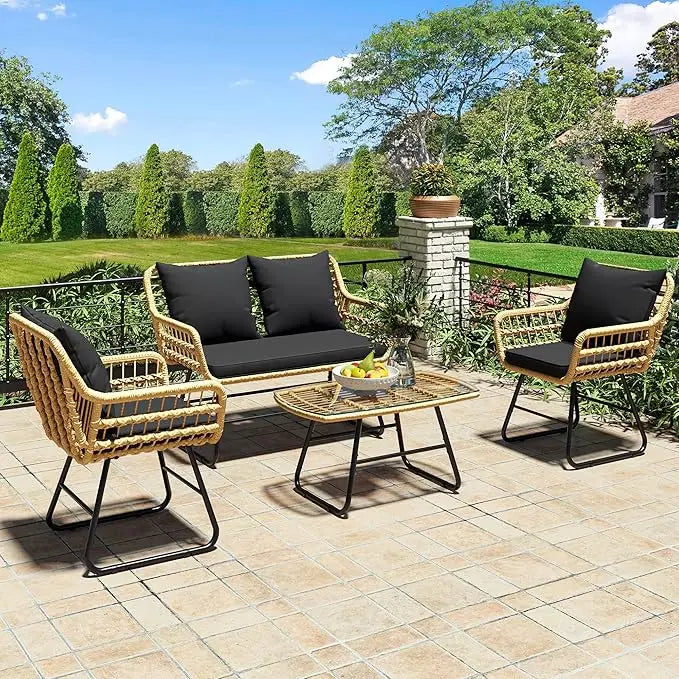 4-Piece Patio Furniture Wicker Outdoor Bistro Set, All-Weather Rattan Conversation Loveseat Chairs For Backyard, Balcony And De