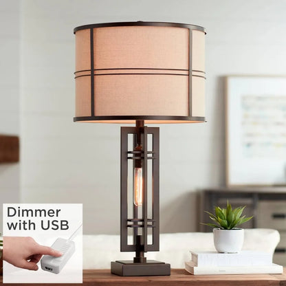 Elias Industrial Rustic Table Lamp with Port Nightlight 28" Tall Oil-Rubbed Bronze Metal Oatmeal Fabric Drum Shade Living Room