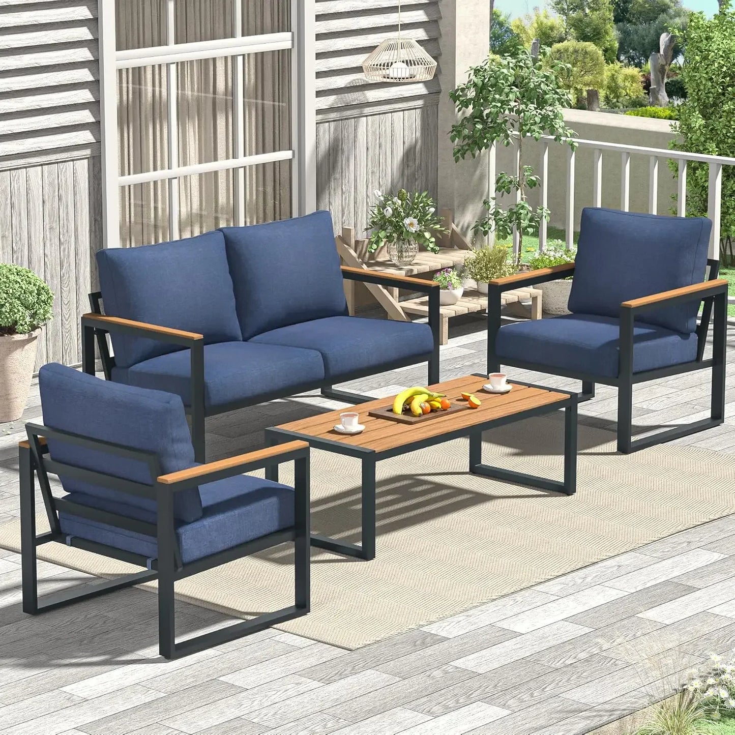4-Piece Metal Patio Set with Coffee Table & Washable Cushions, Outdoor Conversation Furniture