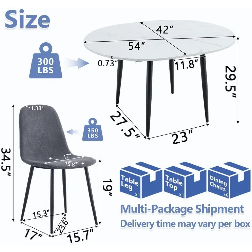 42"-54" Extendable Dining Room Table Set for 6, Round Dining Table Set for 6, White Kitchen Table with Upholstered Chairs